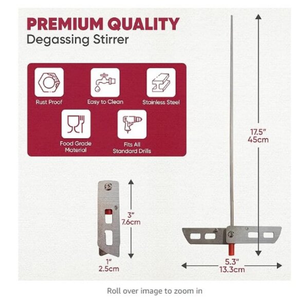 Wine Beer Degassing Stirrer 17.5” Stainless Steel 316 Drill Mixer Rod Attachment - Picture 5 of 7